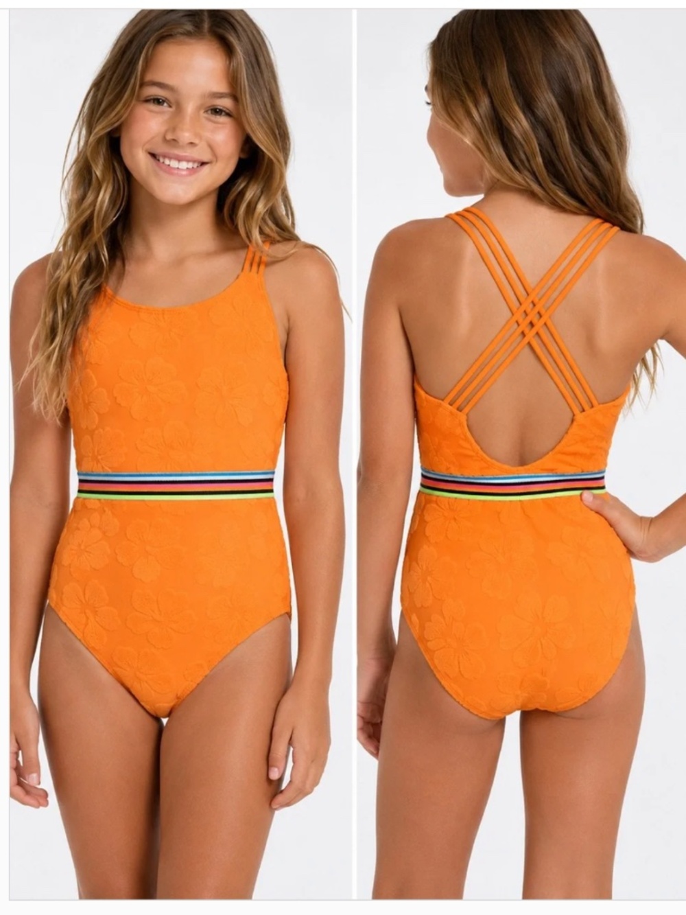 Hobie girls sz 10 orange terry tropical  one piece swimsuit floral